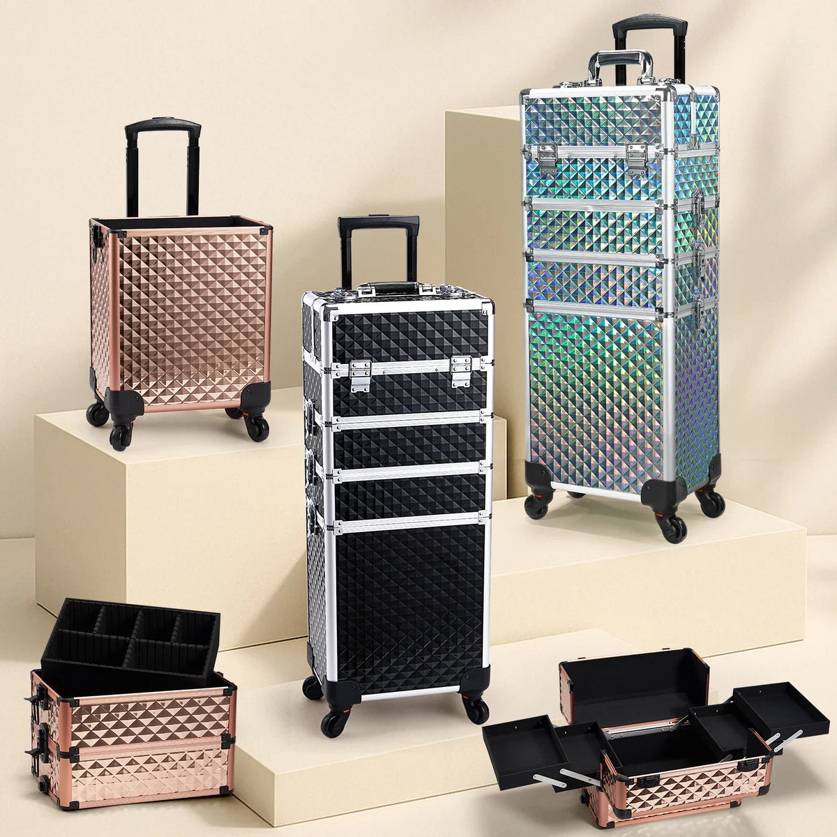 Collection of diamond-textured professional rolling makeup trolley cases in rose gold, black, and iridescent silver