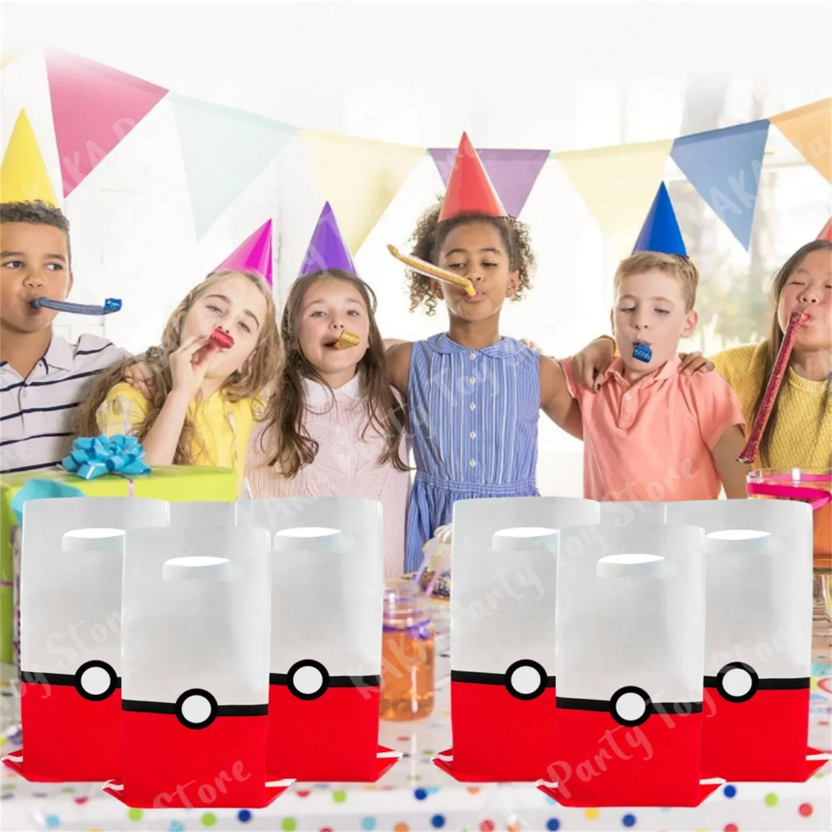 Group of children at a birthday party with pokeball theme plastic gift bags