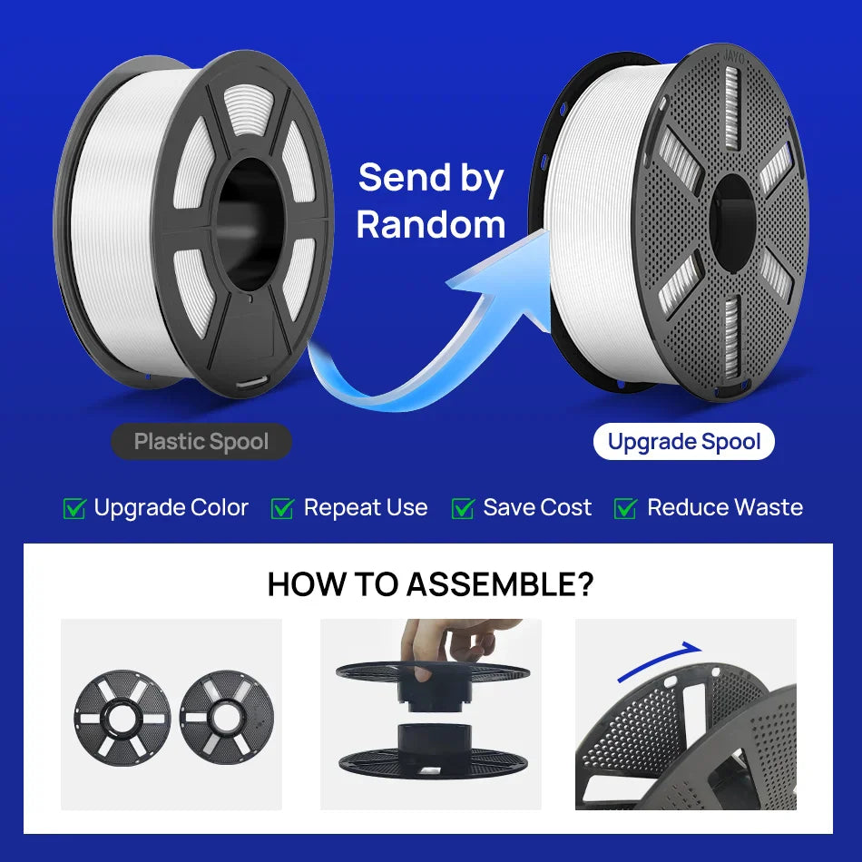 A comparison diagram showing assembly of a 3D printer filament spool