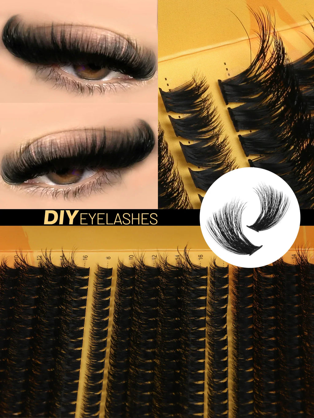 DIY cluster eyelash extension kit with application examples on eyes.