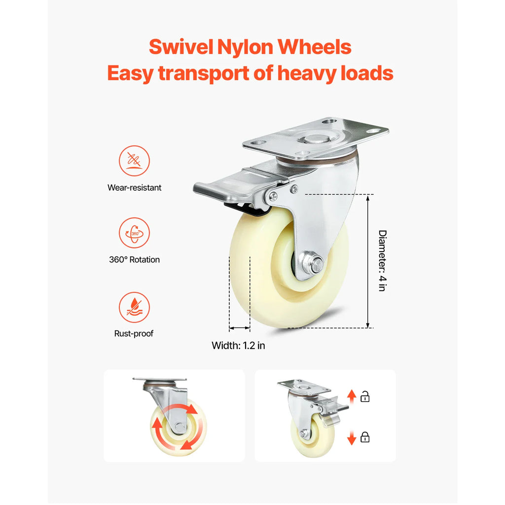 Swivel nylon caster wheel for jet ski dolly with locking mechanism and technical measurements