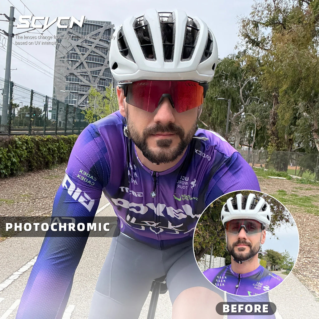 Cyclist wearing photochromic sports sunglasses with helmet, showing a before and after lens tint comparison