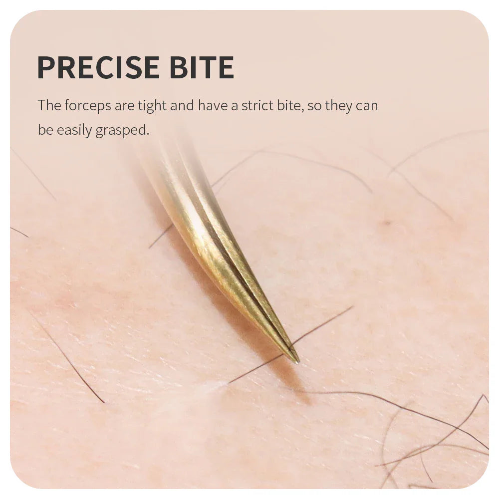 A sharp, precision tip of a gold stainless steel eyelash extension tweezer