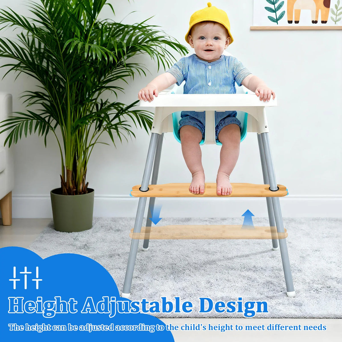 Baby sitting in a highchair with an adjustable bamboo footrest installed