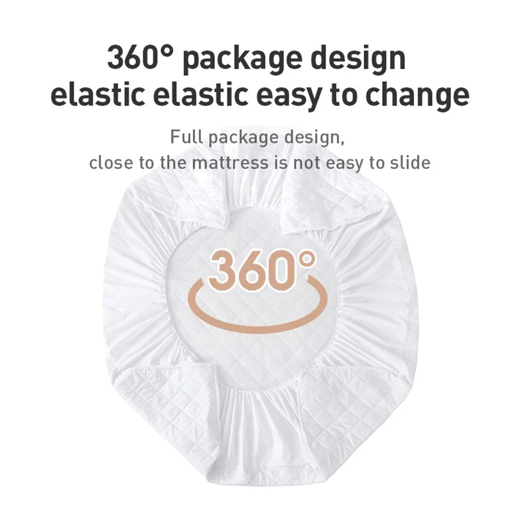 Diagram showing 360-degree elastic design of a white quilted mattress protector
