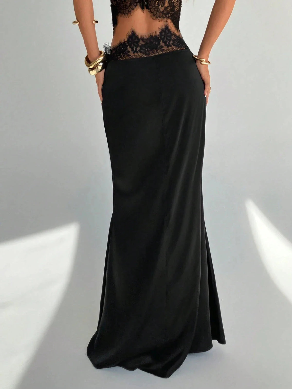 Black satin mermaid maxi skirt back view with lace top