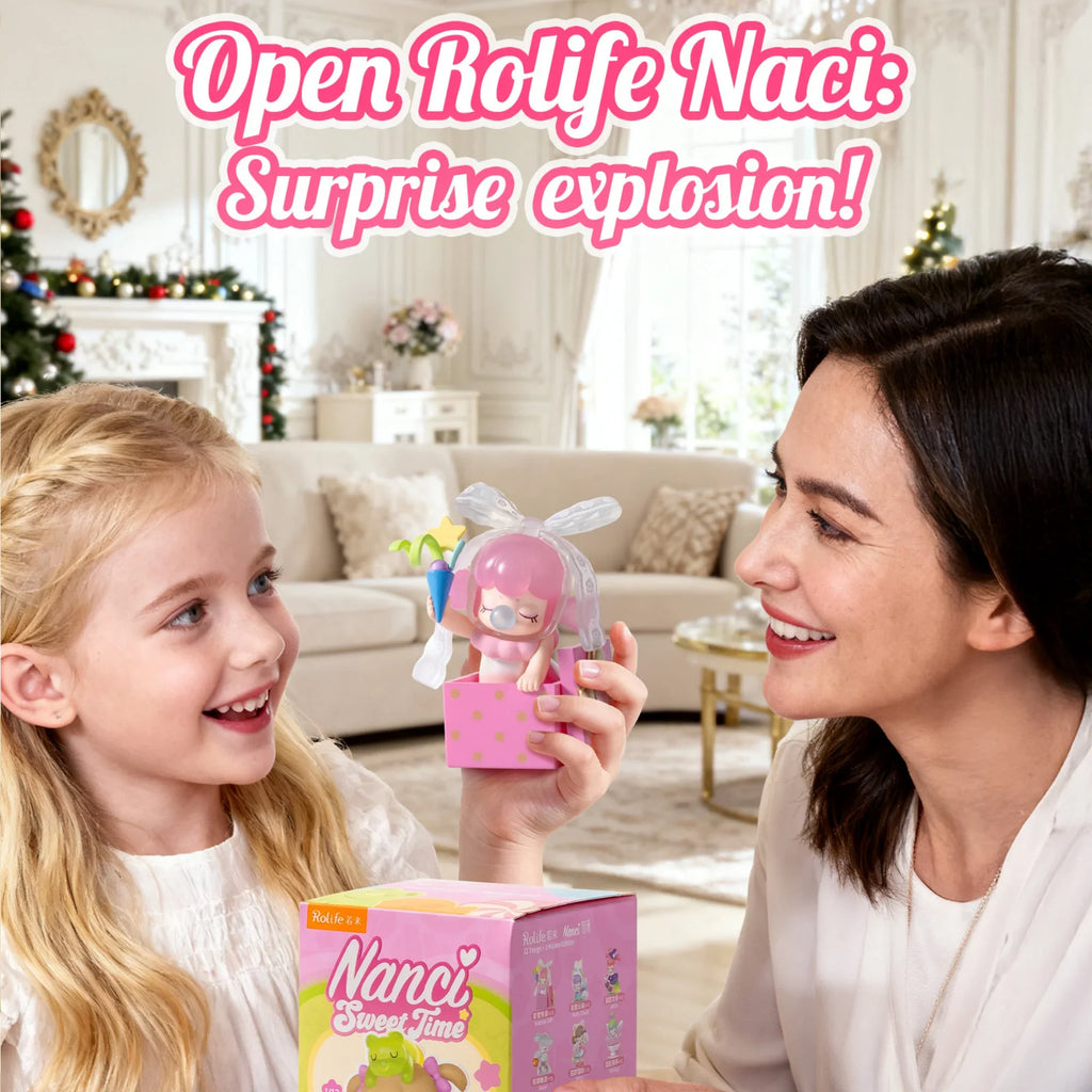 A young girl and a woman holding a small collectible figurine in a pink gift box.
