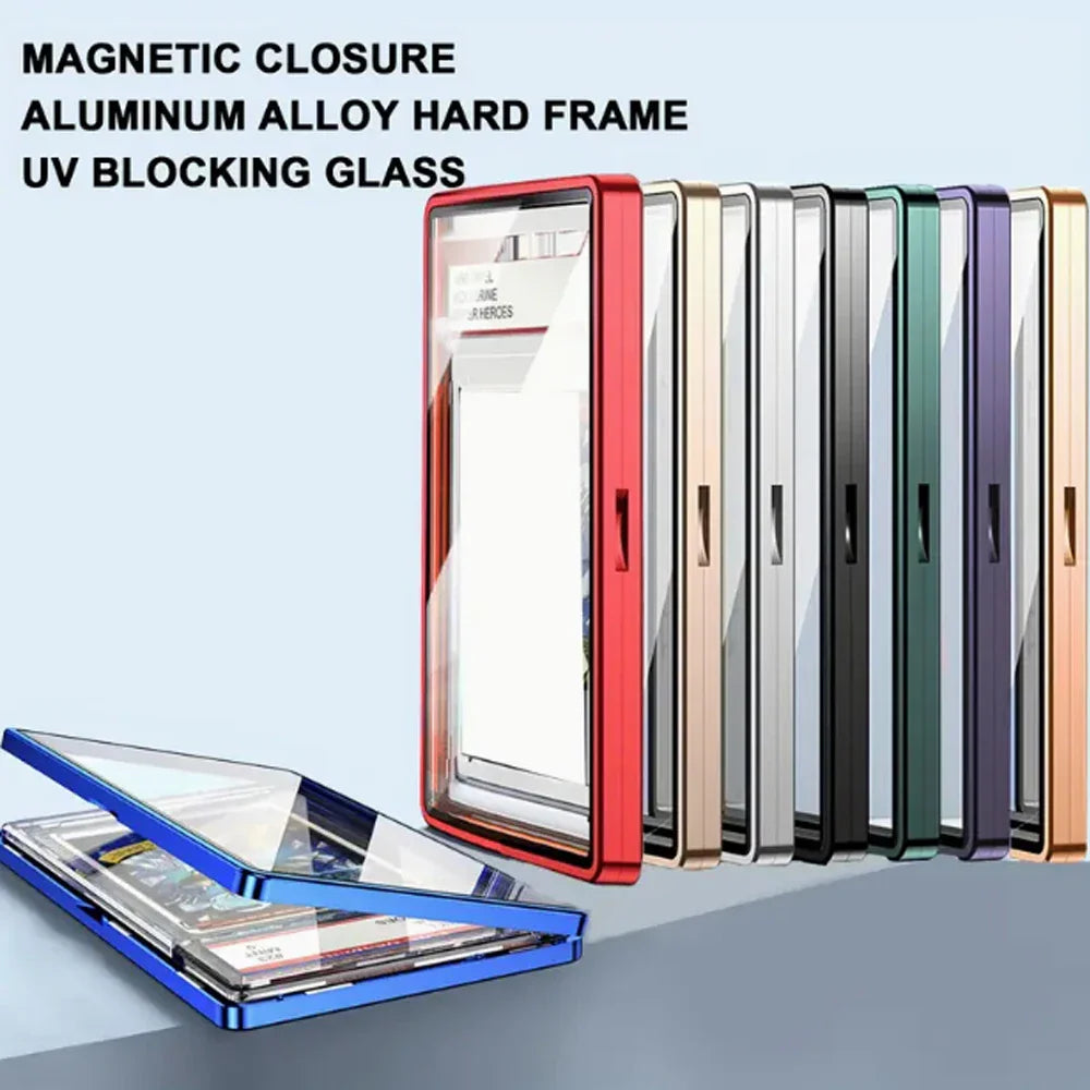 Multiple colorful metallic trading card protectors shown in a row with one open to display the magnetic interior