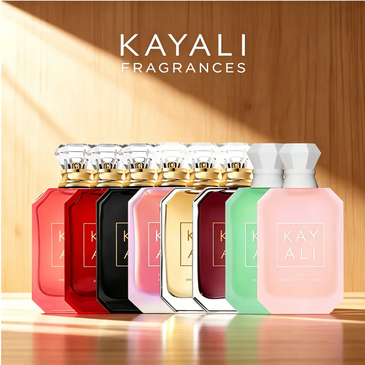 A collection of assorted colorful perfume bottles from a fragrance range displayed on a wooden surface.