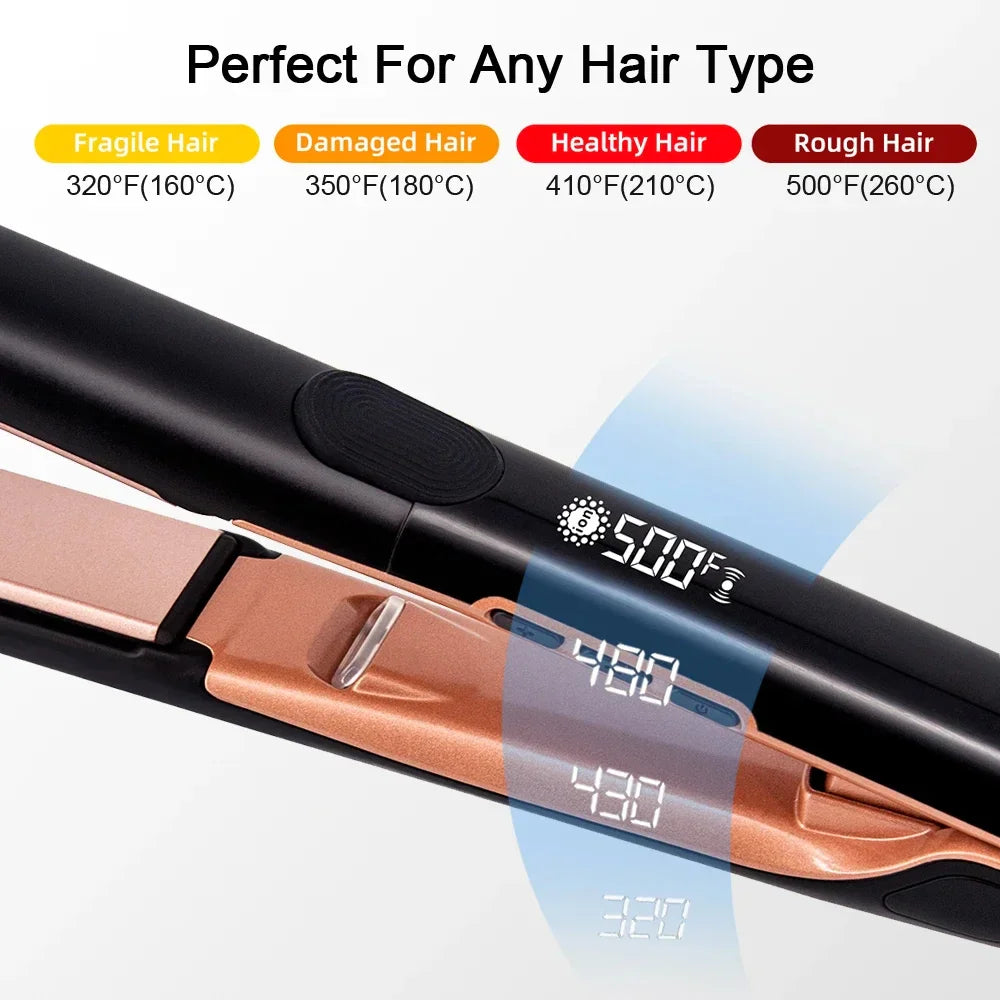 Black and rose gold hair straightener showing temperature settings for different hair types