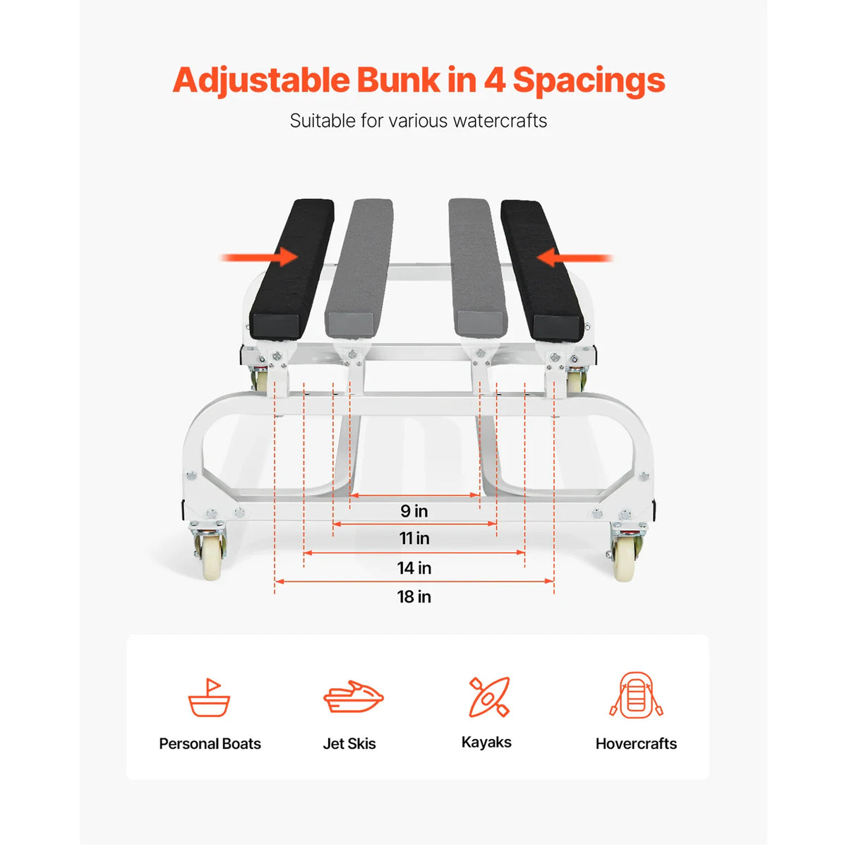 Adjustable bunk spacing diagram for watercraft dolly showing settings for kayaks and jet skis