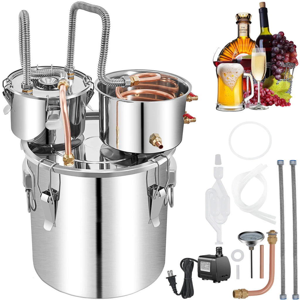 Stainless steel alcohol distiller with copper coils, condenser, thumper, water pump, and various beverage illustrations.