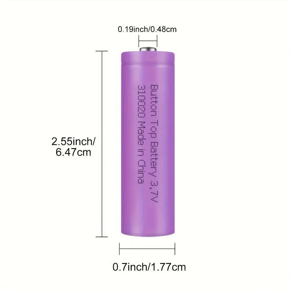 Purple rechargeable button top battery with its dimensions labelled in inches and centimeters.