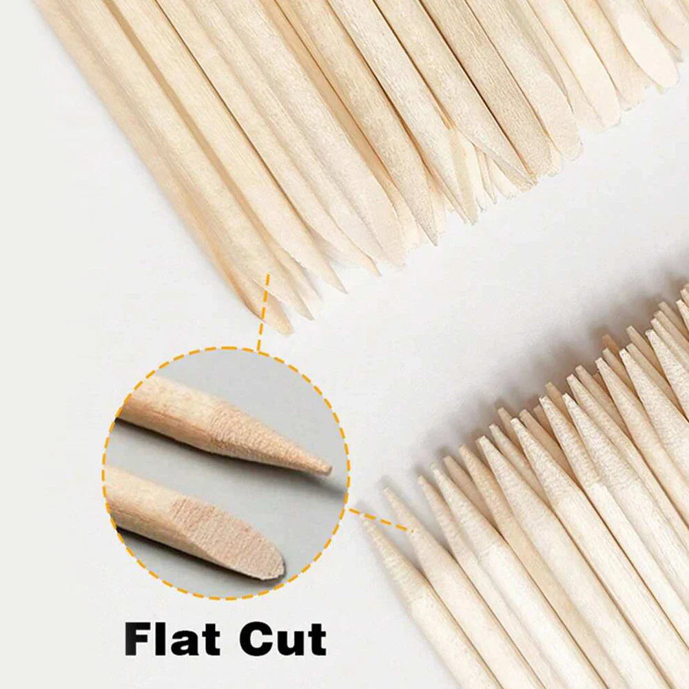 Close-up showing the flat cut tip of a wooden manicure stick