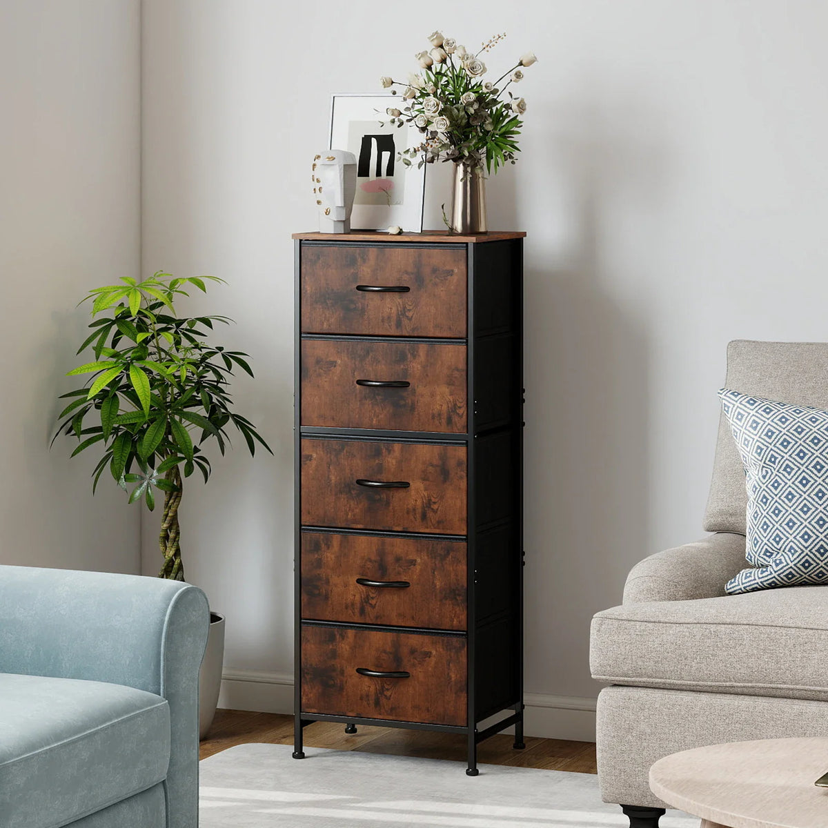 Tall 5-drawer storage dresser with a rustic brown wood-look front and black metal frame in a living room setting.