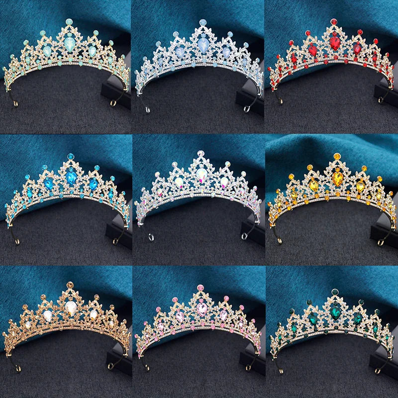 Collection of nine different colored rhinestone crowns and tiaras for weddings or birthdays