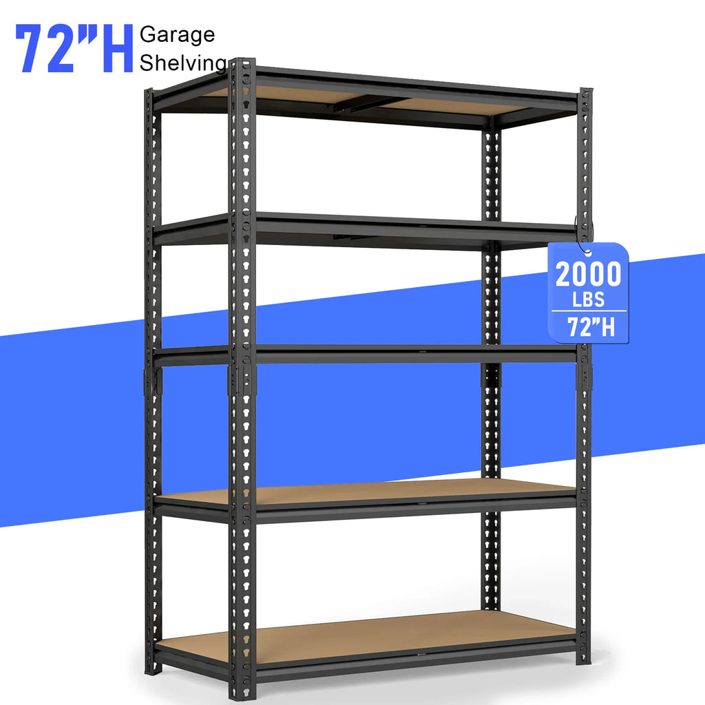 Black five-tier industrial metal shelving unit for garage and warehouse organization