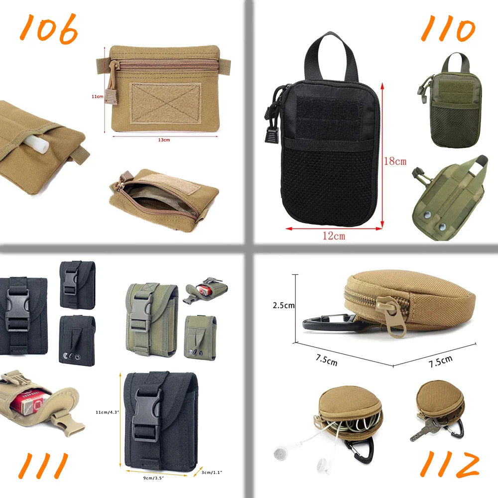 A collection of small tactical molle accessory pouches and circular coin holders with size measurements.