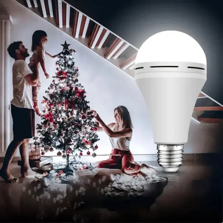 Emergency LED light bulb shown in a cozy home environment during the holidays.