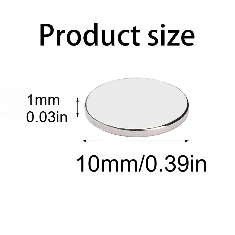 A small silver disc magnet shown with measurements of 1mm thickness and 10mm diameter.