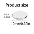 A small silver disc magnet shown with measurements of 1mm thickness and 10mm diameter.