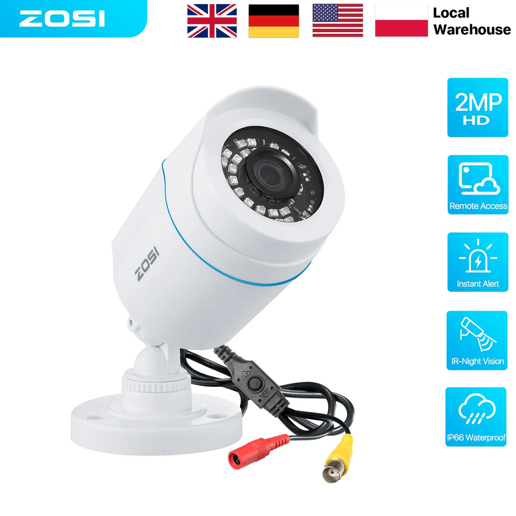 ZOSI 2MP 1080P HD 4-in-1 wired dome security camera in white or black plastic housing.