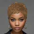 A short, honey blonde, pixie cut curly human hair wig on a mannequin.