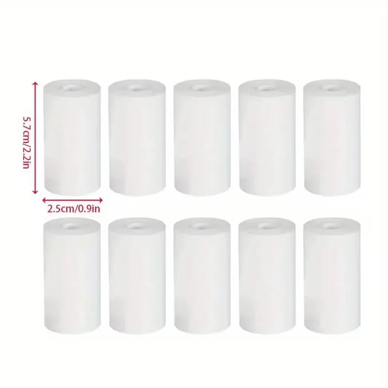 Ten white thermal paper rolls arranged in two rows with dimensions indicated