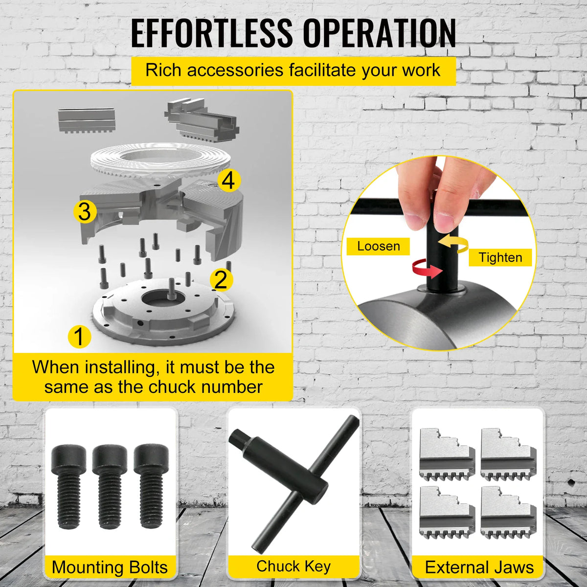 Diagrams and photos demonstrating the installation process and operation of a 4-jaw lathe chuck