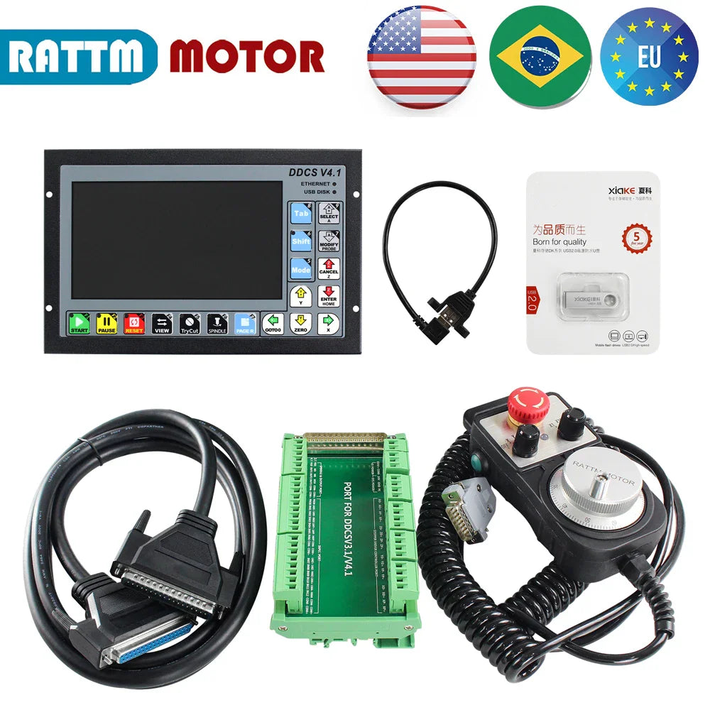 4-axis CNC motion controller kit with display, cables, handwheel pendant, and USB drive.