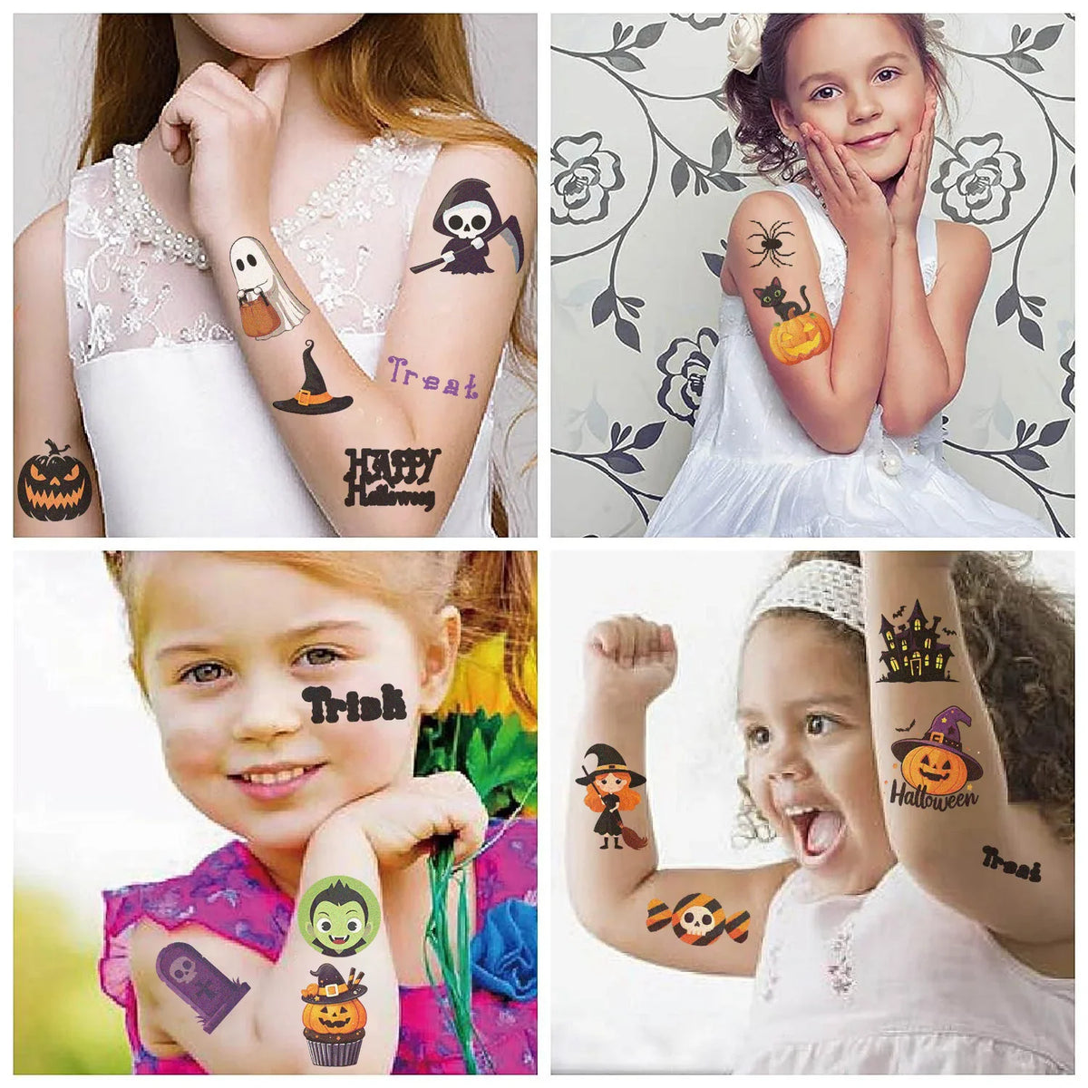 Kids with various temporary Halloween tattoos applied on their arms including pumpkins, ghosts, and skeletons
