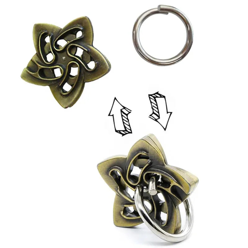 Metal star-shaped brain teaser puzzle with a circular ring component