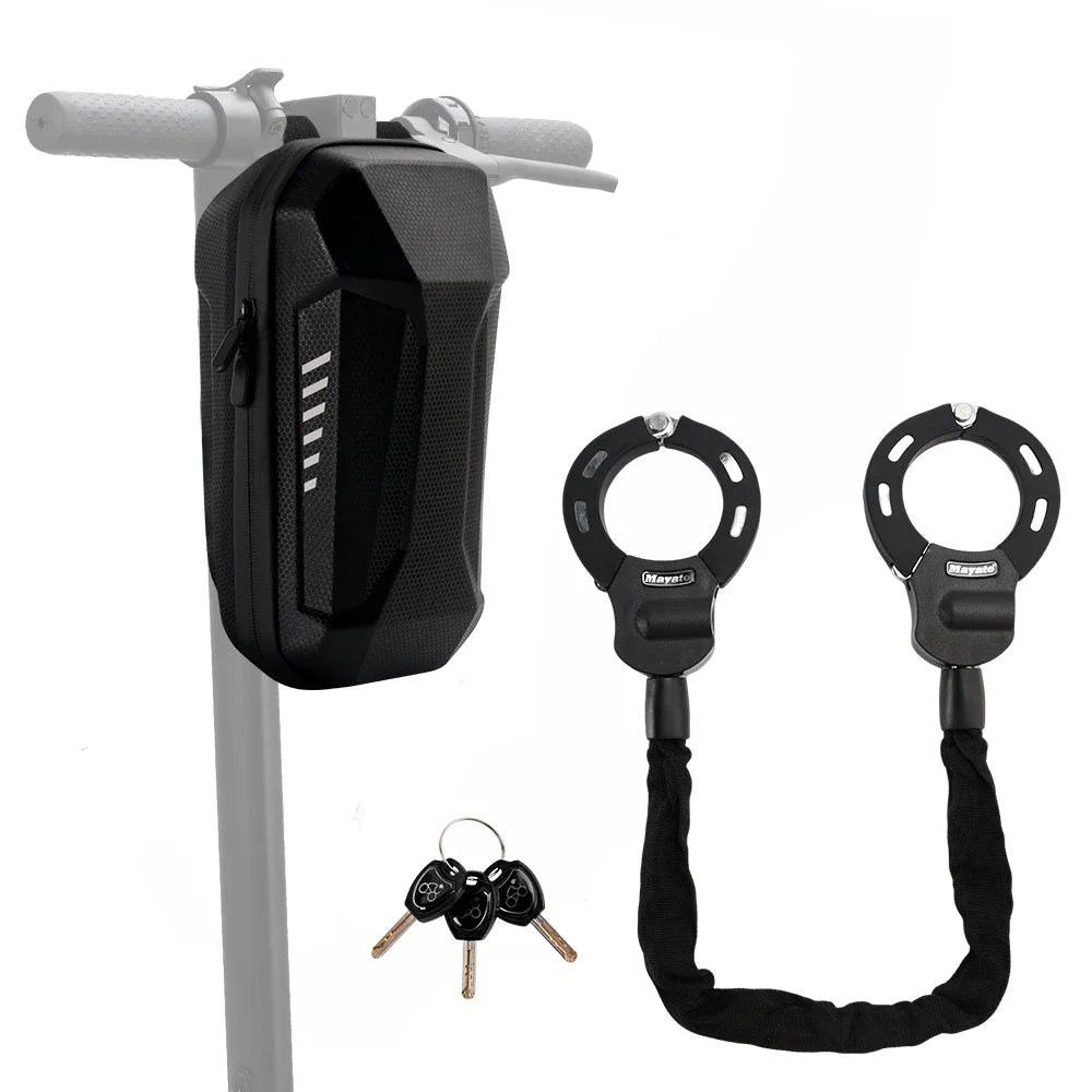 A black heavy-duty chain lock with keys and a hard-shell storage bag for an electric scooter.