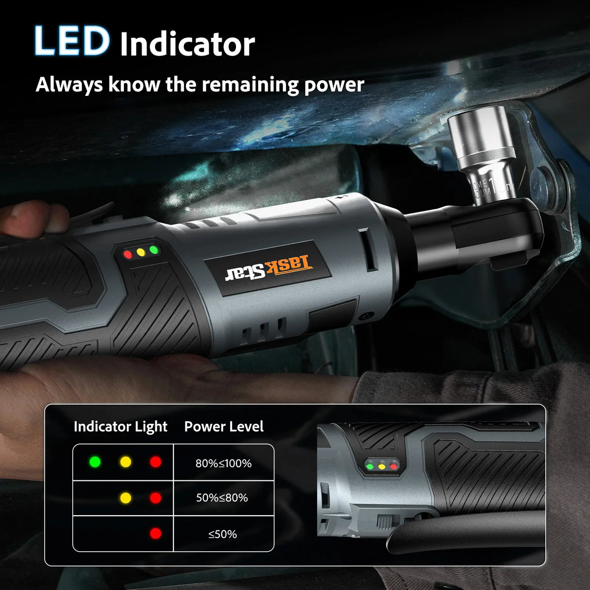 Close up of a cordless electric ratchet wrench with LED power indicator light levels