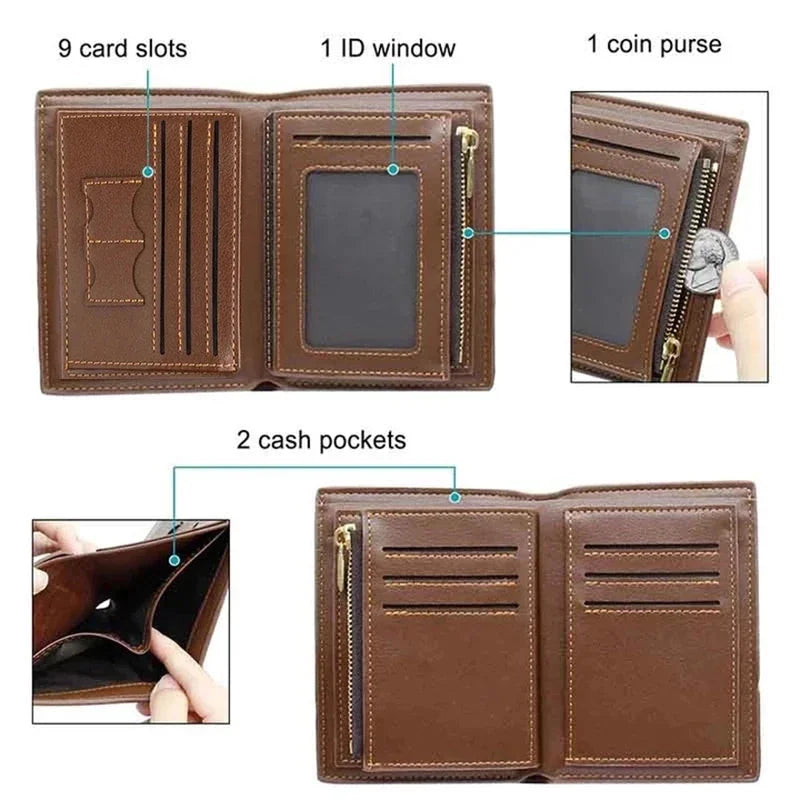 Interior view of a brown bifold wallet showing card slots, ID window, and coin purse