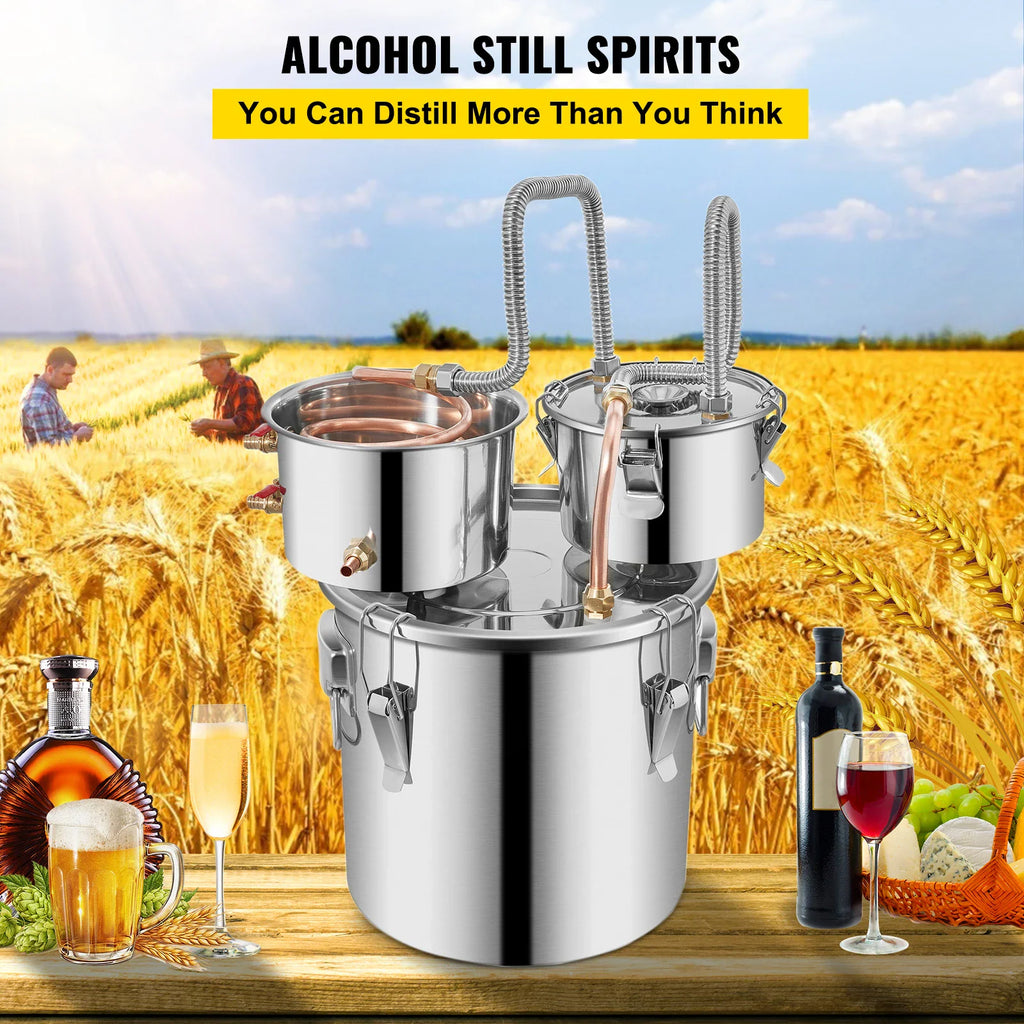 Alcohol brewing distiller on a wooden table with alcohol glasses and field background