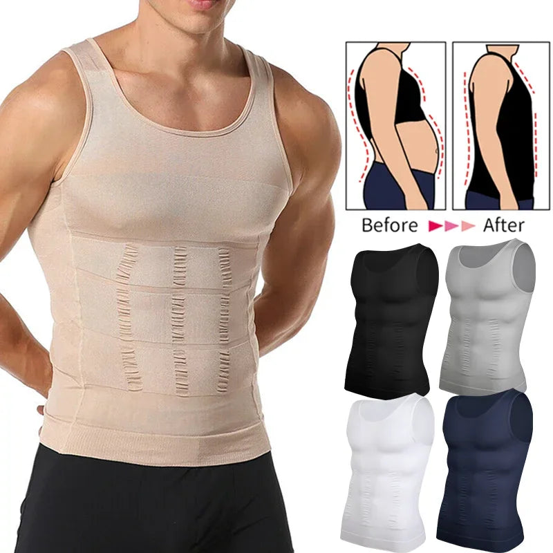 Men's beige compression vest shapewear for waist and belly control