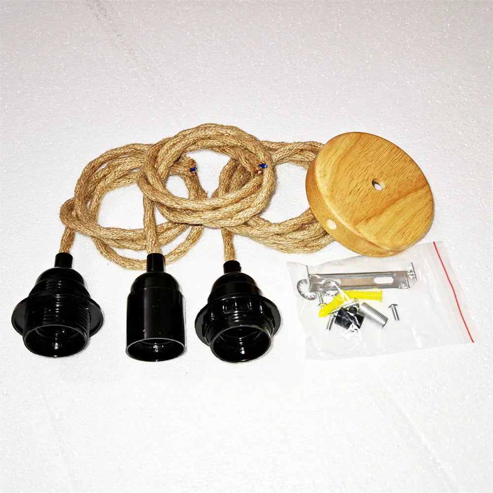 Jute rope pendant light kit with wooden ceiling plate and mounting accessories