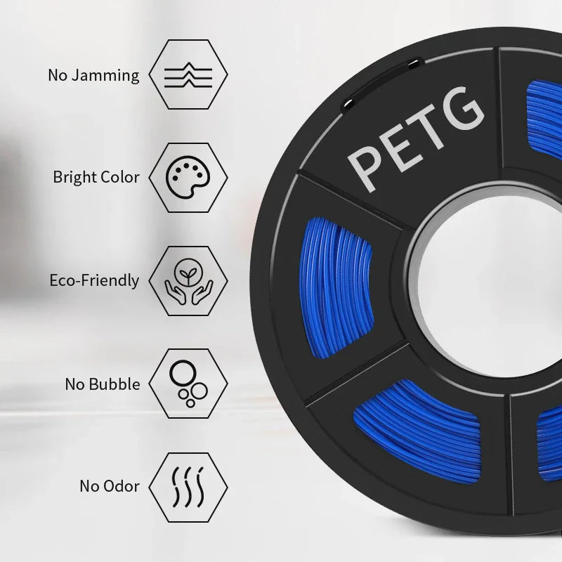 Blue PETG 3D printing filament spool with performance icons