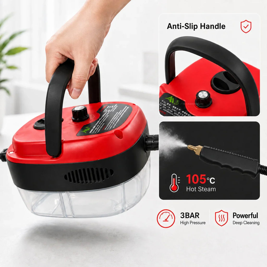Handheld steam cleaner device with close-up of handle and steam output temperature
