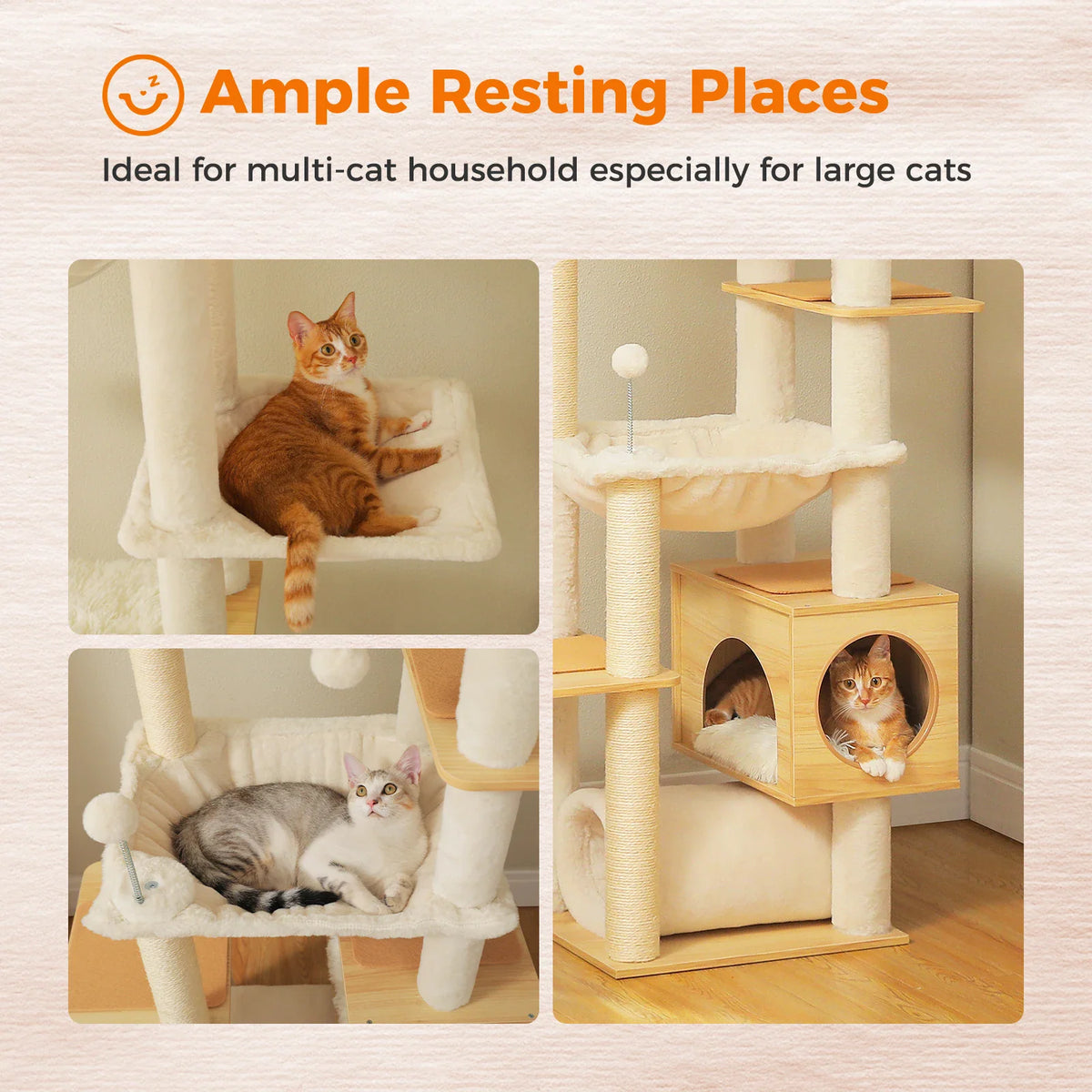 Close-up features of a cat tree showing comfortable cat beds, lounging platforms, and a secure hideaway condo.