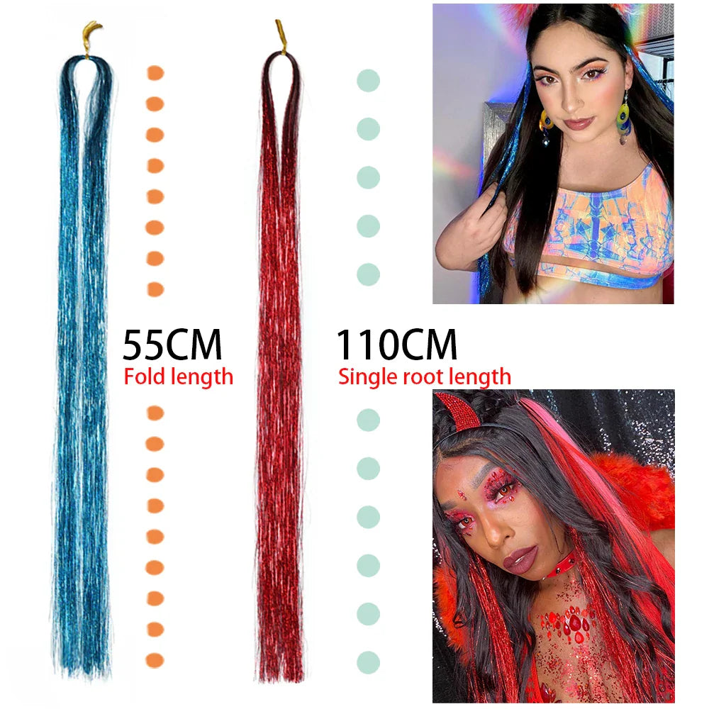 Blue and red hair tinsel with length measurements and two models wearing them