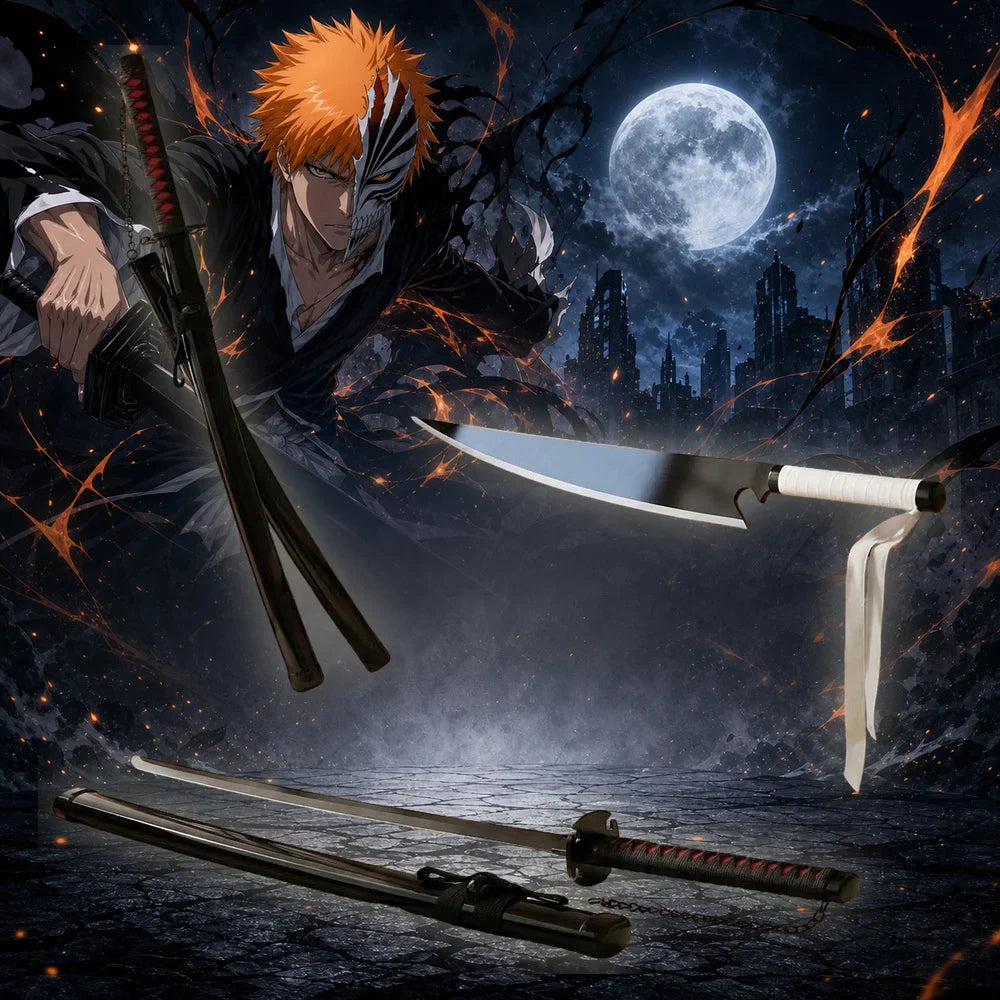 Two anime cosplay prop swords with scabbards featuring a character background