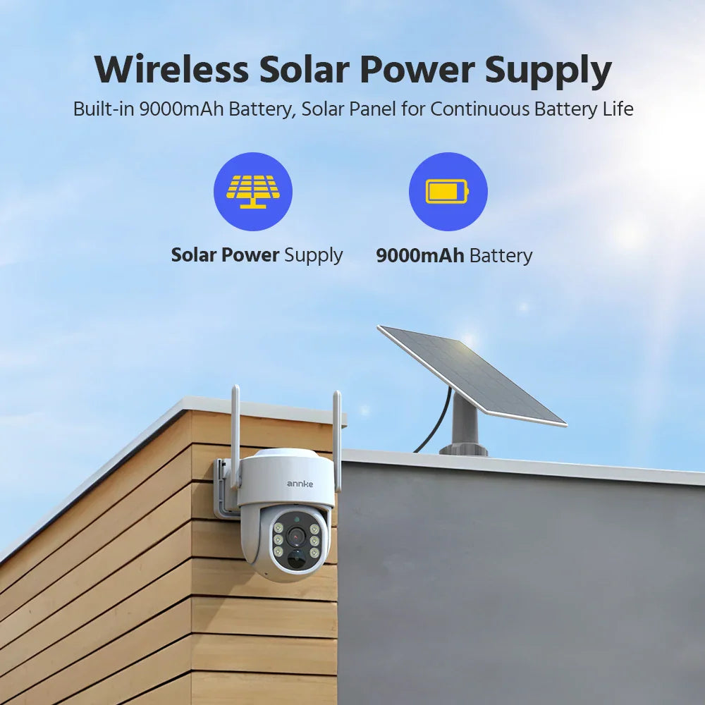 A wireless security camera with a solar panel mounted on a wooden wall