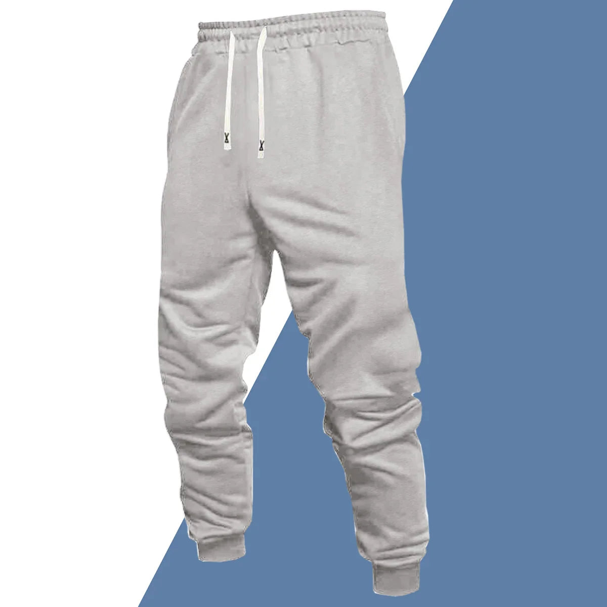 A pair of light grey casual sweatpants with an elastic waistband and white drawstring.