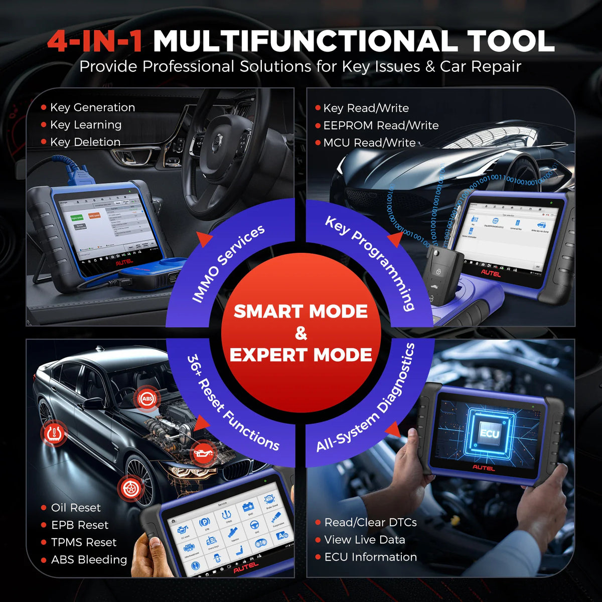 Four-in-one automotive diagnostic and key programming tool features.