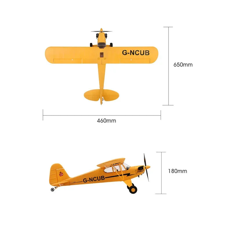 Dimensions diagram of a yellow radio-controlled airplane