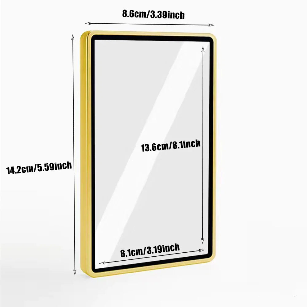 A single rectangular golden protective card case showing dimensions in centimeters and inches