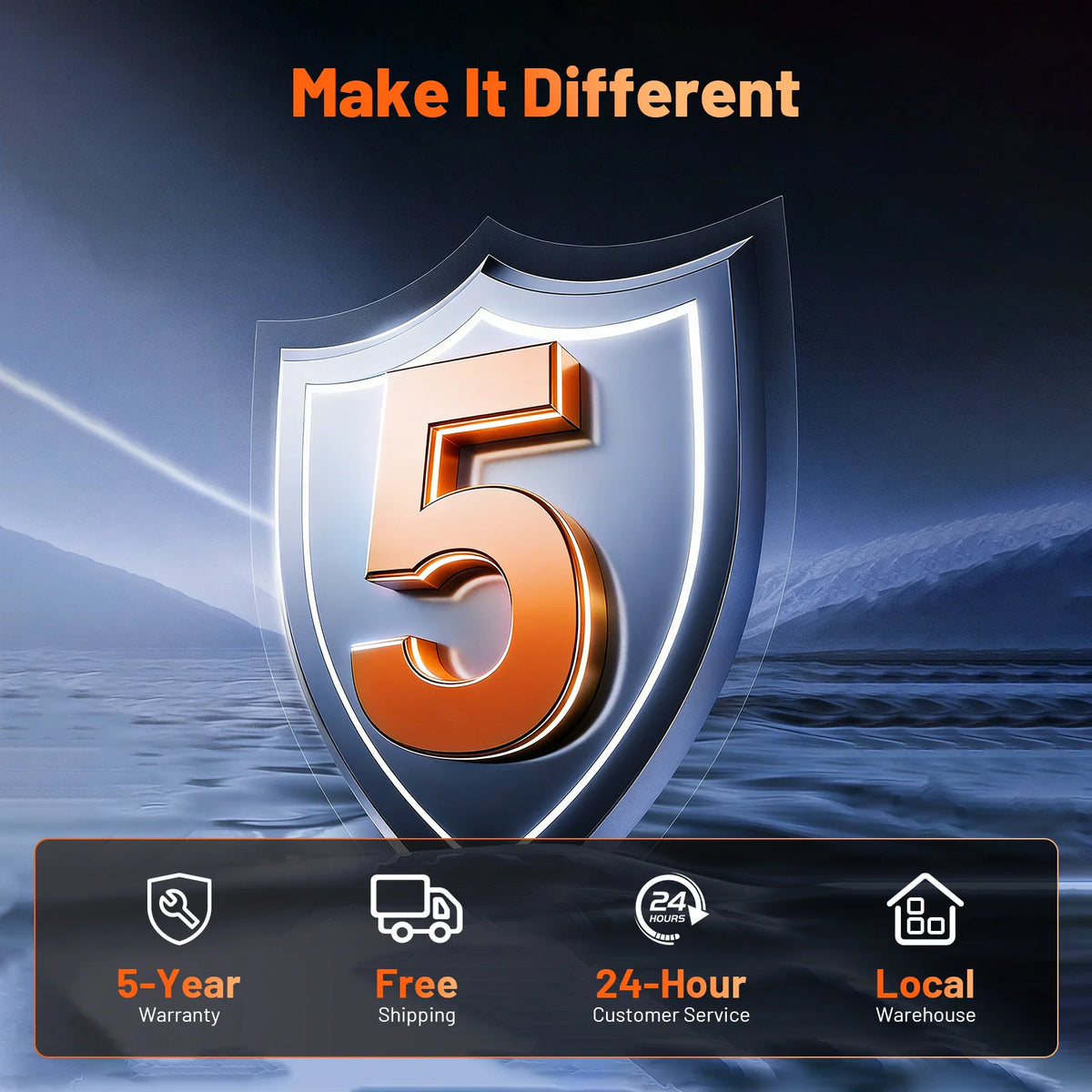 Service information highlighting five-year warranty and free shipping.