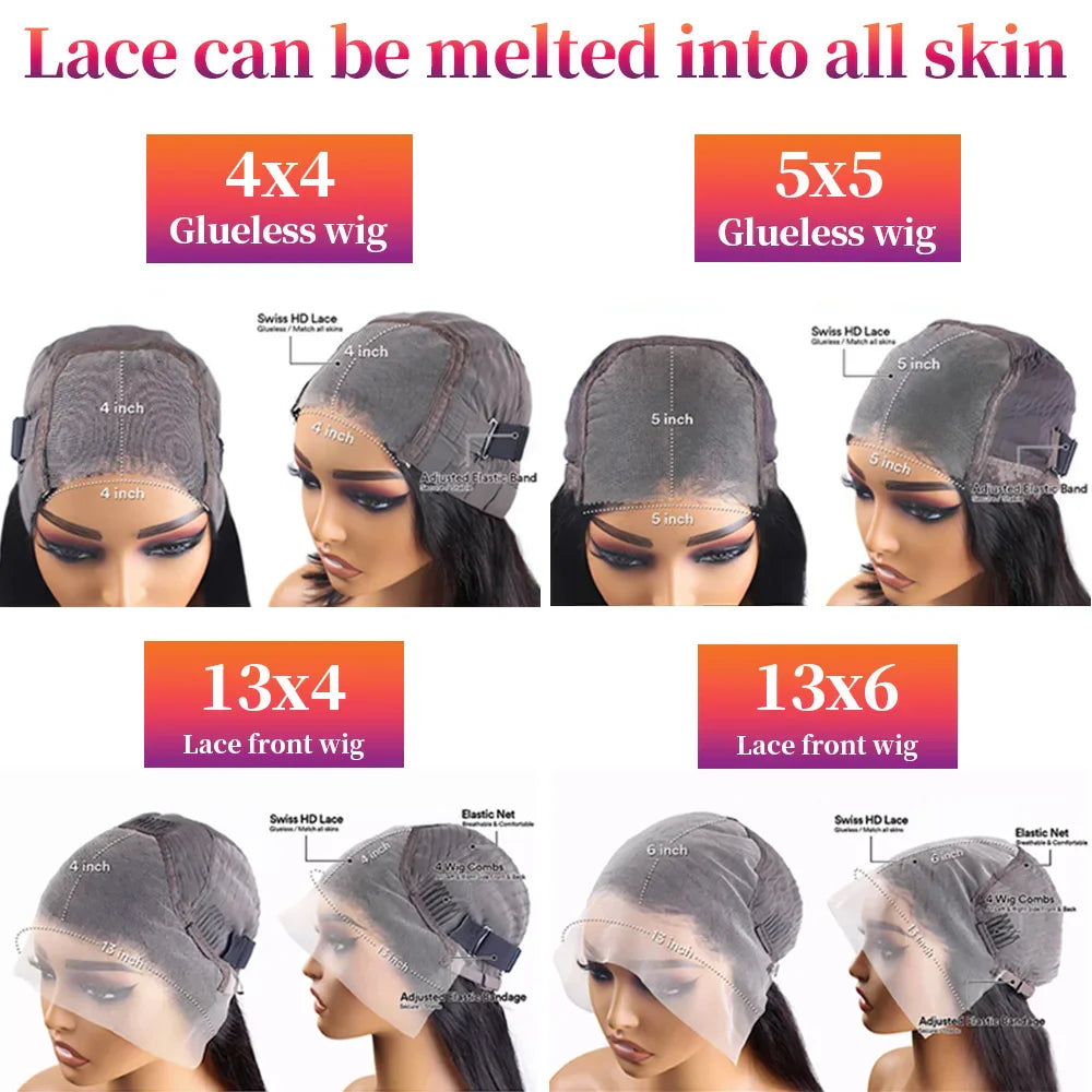 Comparison chart of different wig cap constructions including 4x4, 5x5, 13x4 and 13x6 sizes